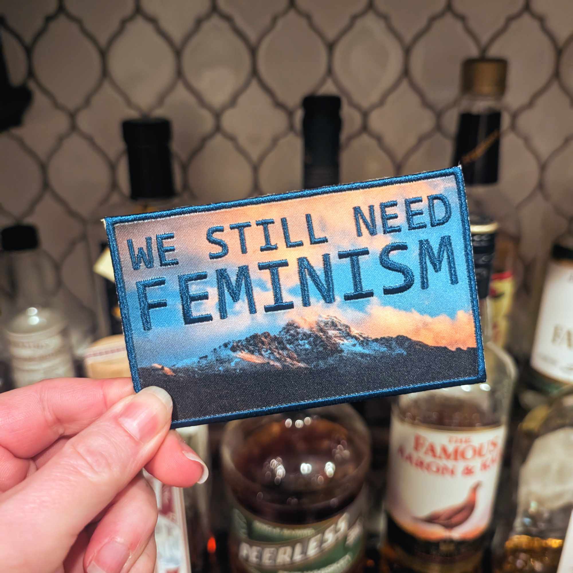 We Still Need Feminism iron-on patch (twilight blue version)