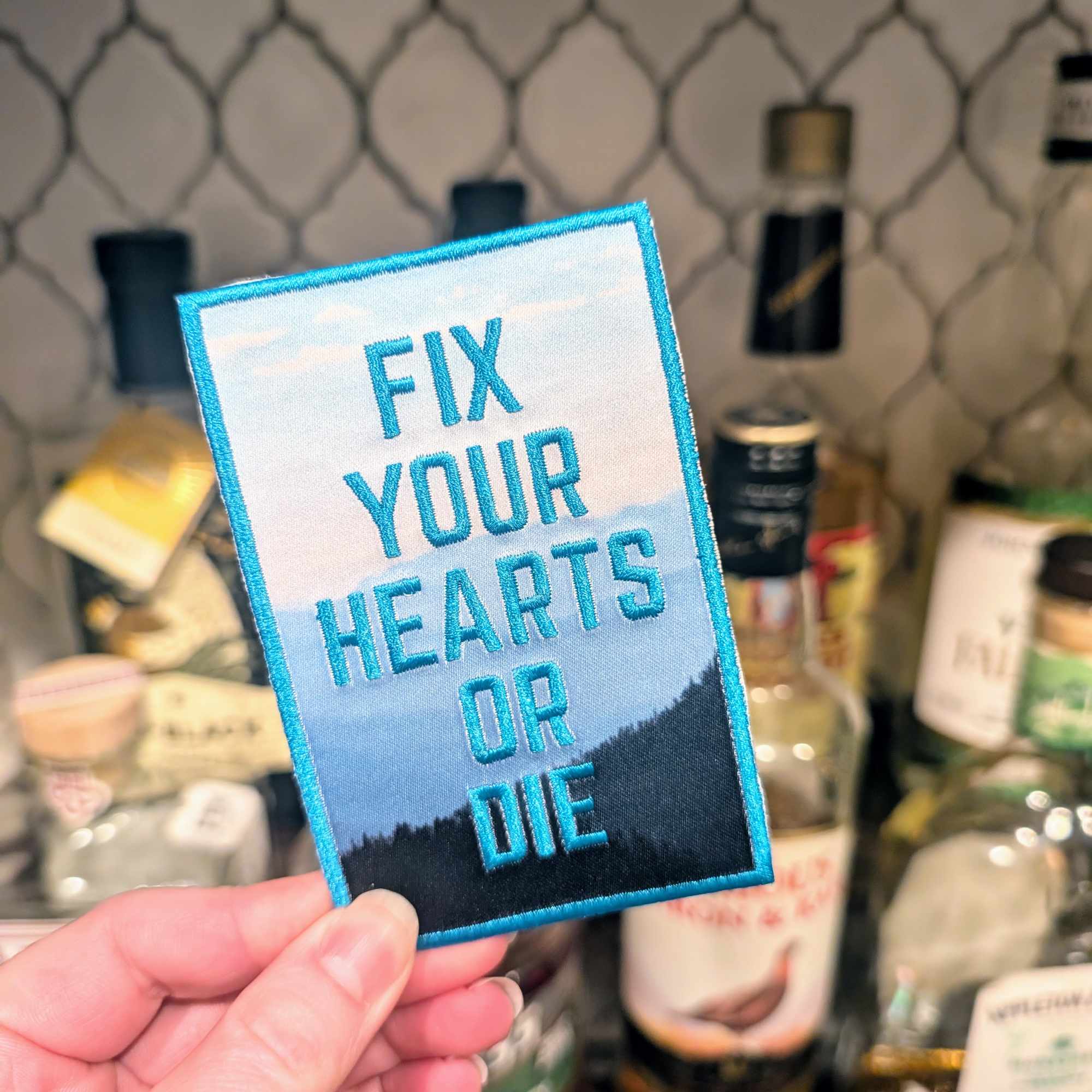 Fix Your Hearts iron-on patch (Blue Pine Mountain version)